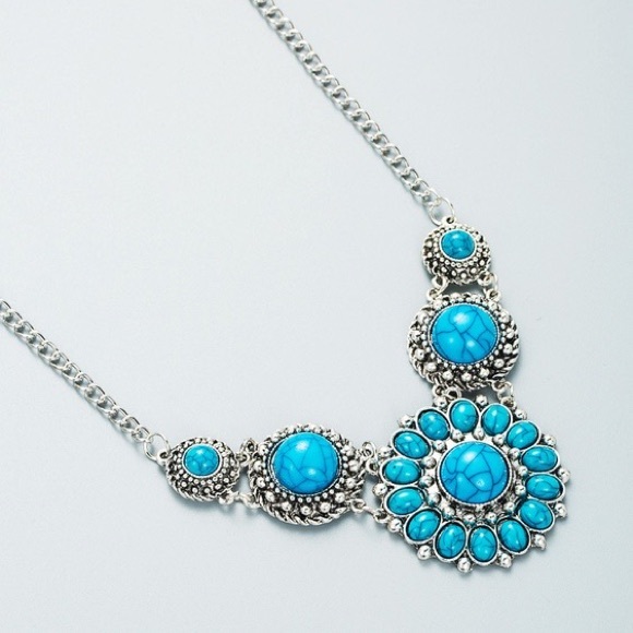 Silver and Blue Stone Floral Statement Necklace - Picture 3 of 5